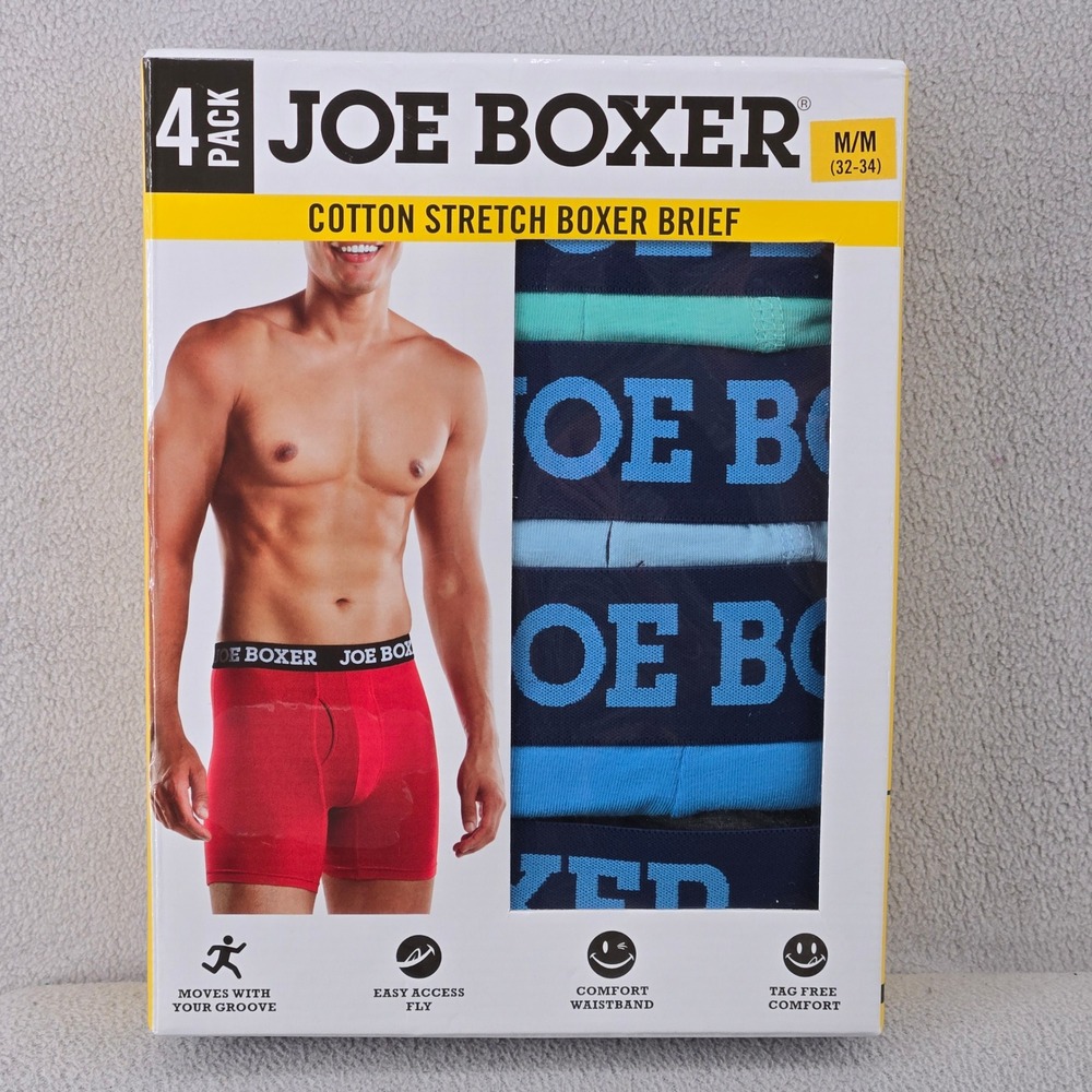 Joe Boxer New Medium 4-Pack Cotton Stretch Boxer Briefs Mens Blue Basics